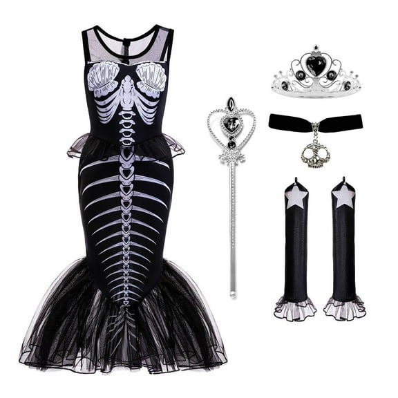 Girls Mermaid Skeleton Costume w/Accessories Halloween Black Princess Dress Cosplay Outfits, Size for 4-5Y