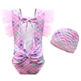 thumbnail image 1 of Girls Mermaid Swimuit One Piece Bathing Suits Fish Scale Ruffles Swimwear with Swimming Cap, 1 of 7