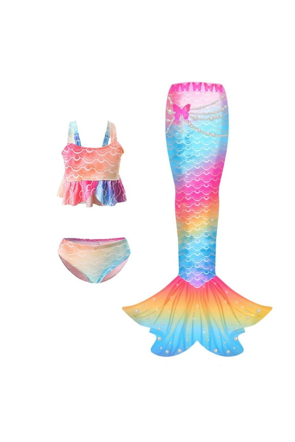 Girls Tail Swimsuit 3 Piece Bathing Suits Ruffle Tankini Set Beach Swimwear with Cover Ups Skirt for 2-14Y #03 Orange & 8-9 Years