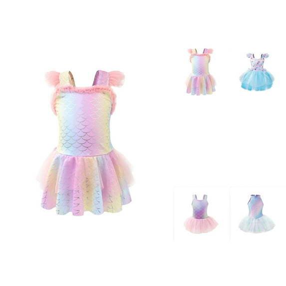 Girls Tail Swimsuit 3-Piece Tankini Set with Sparkly Scale Design, Ruffle Top and Matching Shorts
