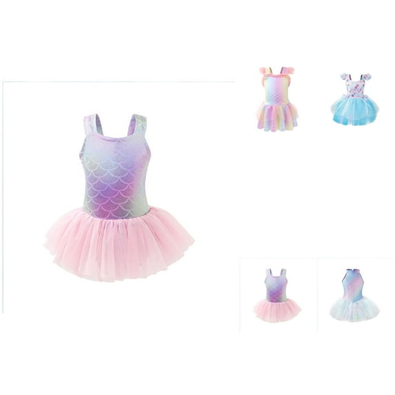 Girls Tail Swimsuit 3-Piece Tankini Set with Sparkly Scale Design, Ruffle Top and Matching Shorts