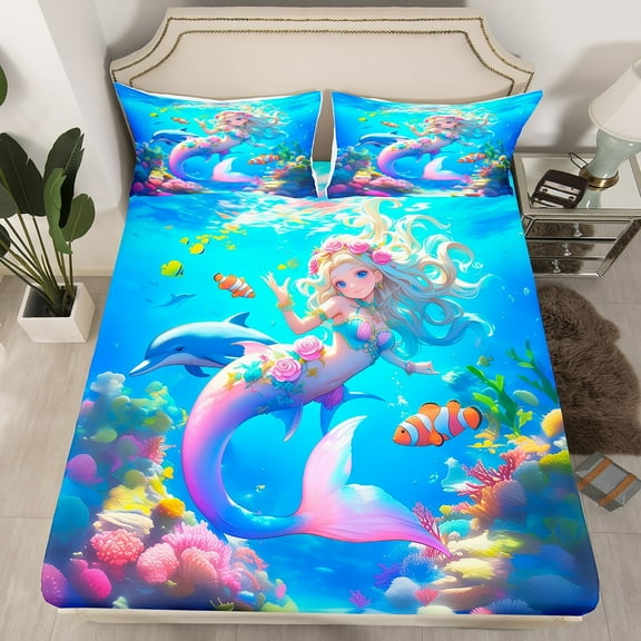 Mermaid Twin Bedding Set Fantasy Magical Mermaid Fitted Sheet Cartoon Mermaid Print Bed Sheets Underwater World Ocean Fishes Sheets For All Season(No Top Sheet)