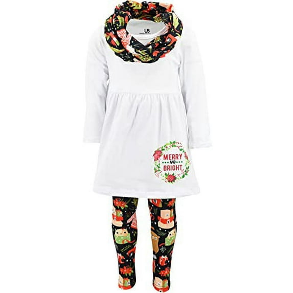 Girls Merry And Bright Scarf Legging Set Christmas Outfit Clothes (10Y, White)