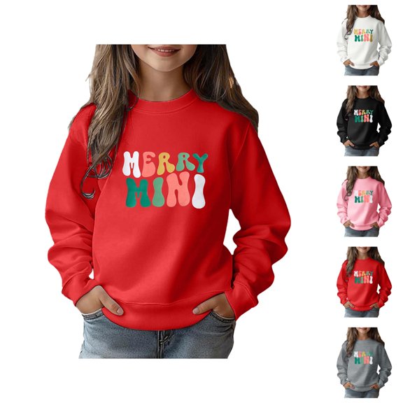 Girls Merry Mini Sweatshirts Crewneck Long Sleeve Christmas Graphic Sweatshirt Holiday Kids Pullover Tops