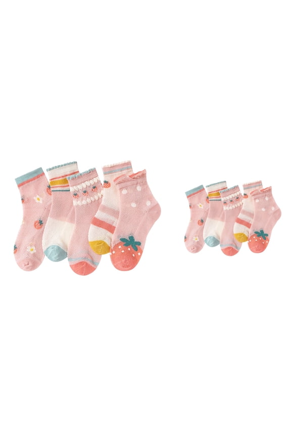 Girls' Mesh Breathable Socks, 5-Pair Soft Cute Cartoon Strawberry Pattern Crew Socks with Ruffled Top for Spring Summer Autumn Daily Walking Wear
