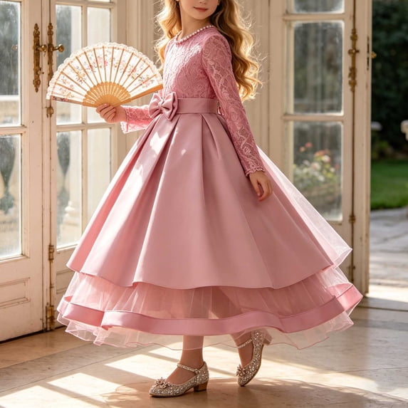 Girls Mesh Long Sleeve Lace Layered Tulle Long Gown A Line Waist Cinching Formal Dress for Birthday Special Occasion Pink 14-15Years