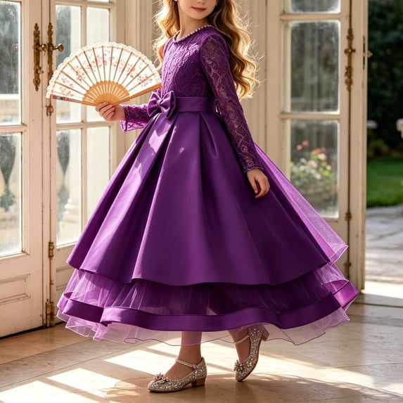 Girls Mesh Long Sleeve Lace Layered Tulle Long Gown A Line Waist Cinching Formal Dress for Birthday Special Occasion Purple 12-13 Years