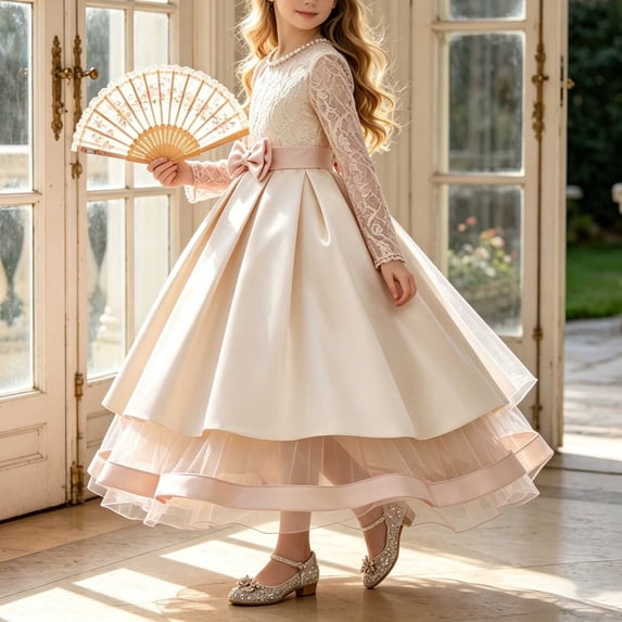 Girls Mesh Long Sleeve Lace Layered Tulle Long Gown A Line Waist Cinching Formal Dress for Birthday Special Occasion Rose Gold 5-6 Years