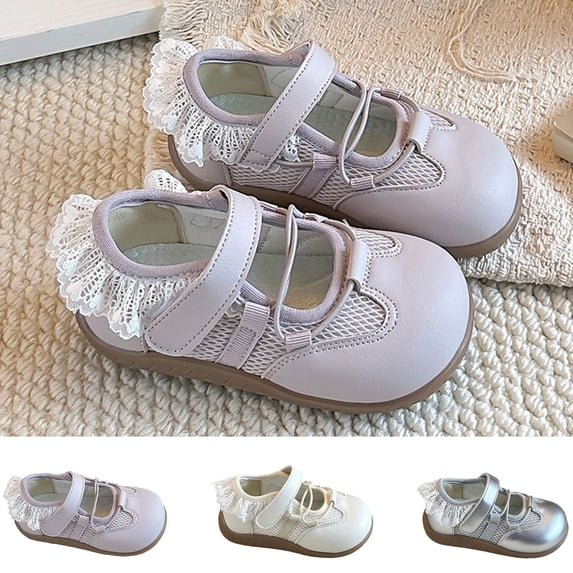 Girls Mesh Mary Jane Ballet Flats Lace Ruffle Trim Non-Slip Princess Dress Shoes for Wedding Party Flower Girl Silver 30