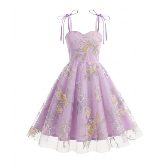Girls Mesh Princess Dresses Trendy Embroidery Flower Lace Bow Spaghetti Gown for Pageant Wedding Birthday Party Graduation Dance Prom Purple 8-9 Years