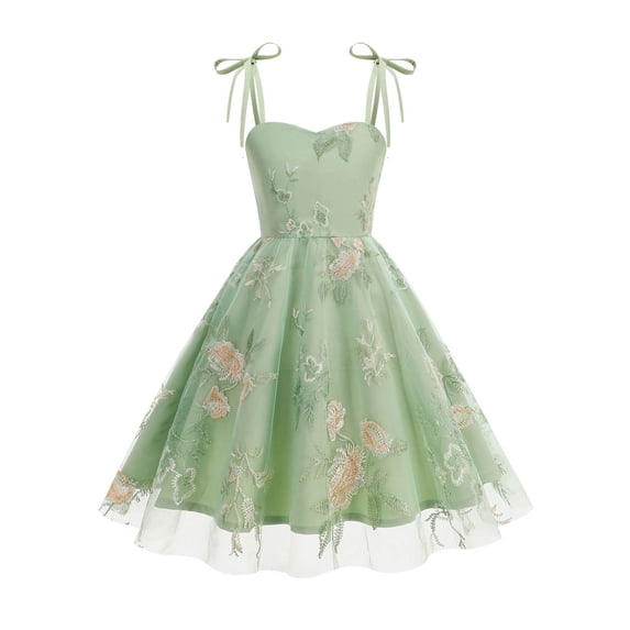 Girls Mesh Princess Dresses Trendy Embroidery Flower Lace Bow Spaghetti Gown for Pageant Wedding Birthday Party Graduation Dance Prom Green 7-8 Years