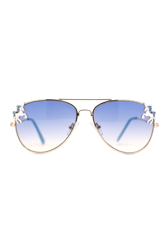 Girls Metal Unicorn Charm Tear Drop Officer Style Sunglasses Gold Blue