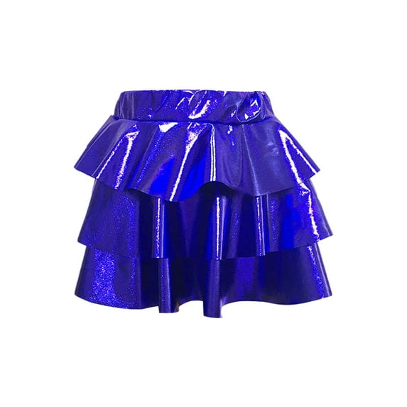 Girls Metallic 3 Layer Cake Skirt, Shiny Tulle Dance Skirt with Pleated Hem, Performance Tutu for Kids Ballet Recital and Party, Age 3-14 Years Blue XXS