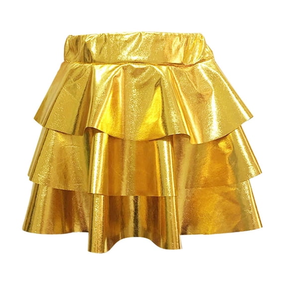Girls Metallic 3 Layer Cake Skirt, Shiny Tulle Dance Skirt with Pleated Hem, Performance Tutu for Kids Ballet Recital and Party, Age 3-14 Years Gold M