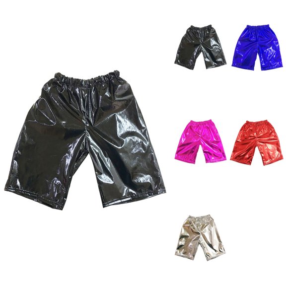 Girls Metallic Dance Shorts, Shiny Athletic Hot Pants with Elastic Waistband & Pockets for Kids