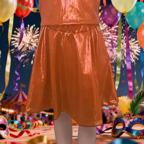 Girls' Metallic Gold Foil Pleated Dance Skirt – Flared Performance Tutu for Kids (3-8Y)