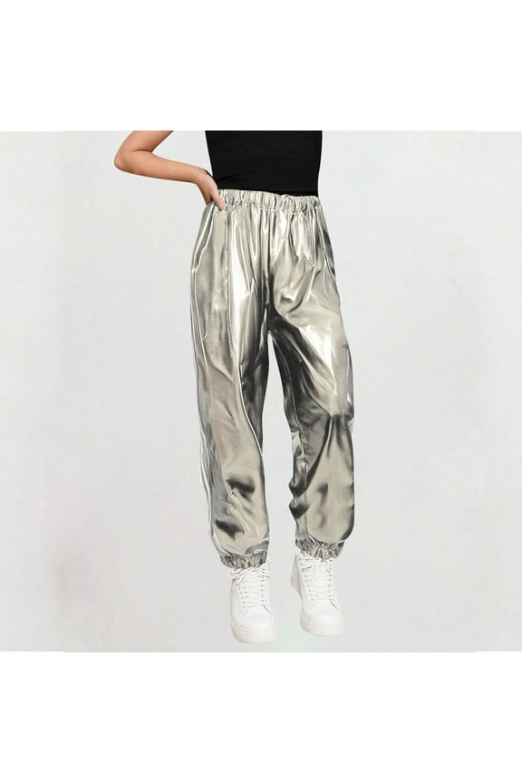 Girls Metallic Jogger Pants, Shiny Jazz Street Hip Hop Dance Pants, Kids Girls Boys Athletic Leggings Dancewear 3-16 Years