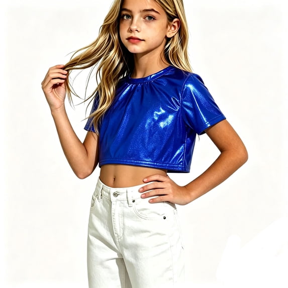 Girls Metallic Knit Crop Top Shiny Short Sleeve Round Neck Blue Kids Party Casual Wear,Size 3 T
