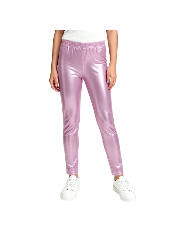 Girls' Metallic Leggings Shiny Sparkle Dance Pants Elastic Waist Tights for 80s Disco Party Performance Activewear Kids Yoga Bottoms