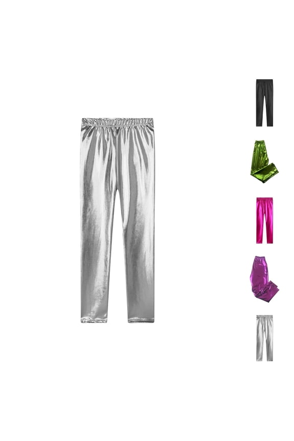 Girls Metallic Leggings for Toddlers and Kids – High-Waisted, Stretchy, Ankle-Length Shiny Casual Pants for Everyday Wear, Spring & Summer Outfits, 80s-Inspired Dance Tights