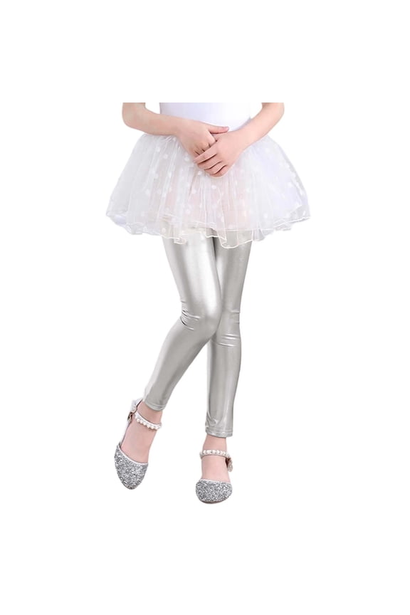 Girls Metallic Leggings For Toddlers And Kids Stretchy Comfortable Everyday Casual Pants For Spring And Summer Outfits 2025 NEW Girls Pants Silver 5-6 Years