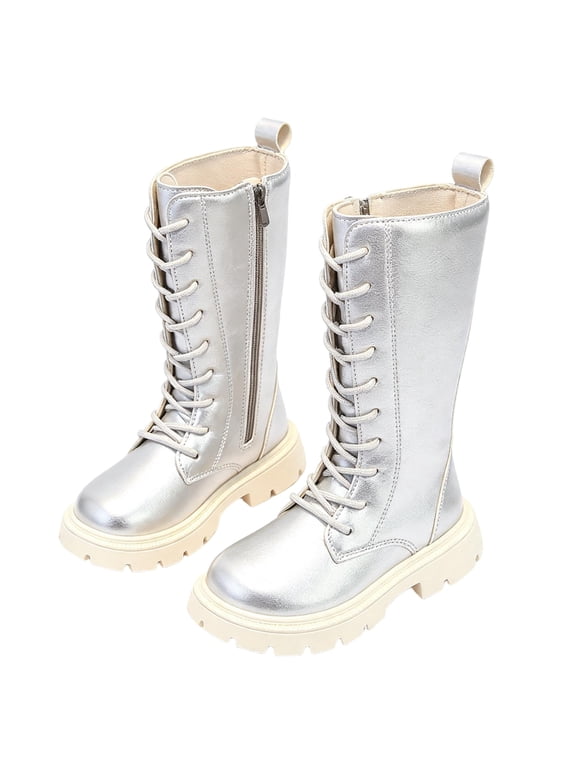 Girls Metallic Shiny Calf Boots, Lace Up Side Zipper Tall Footwear, Stylish Dress Boots for Daily Party Fashion Outfits 12.5 Little Kids