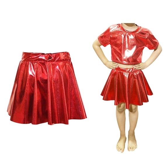 Girls Metallic Skirt High Waist Flared Pleated A-Line Red Tutu Children's Skirt