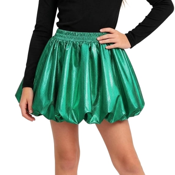 Girls Metallic Skirt with Inner Shorts Elastic Waist Puffy Hem Shiny Skorts Skirts for Theme Party Holiday Wear 10-11Y