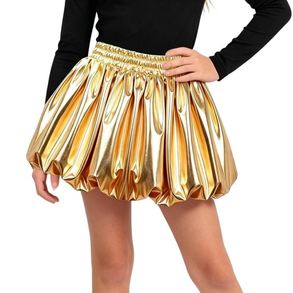Girls Metallic Skirt with Inner Shorts Elastic Waist Puffy Hem Shiny Skorts Skirts for Theme Party Holiday Wear 4-5Y