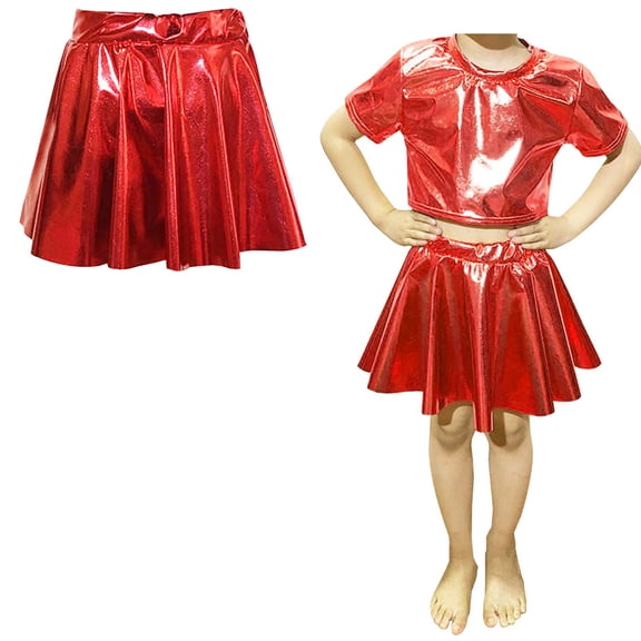 Girls Metallic Skirts High Waisted Flared Pleated A-Line Red Skirt Children's Skirt