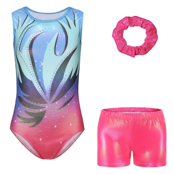 Girls Metallic Sleeveless Rhinestones Gymnastics Uniform Gymnastics Leotards With Shorts