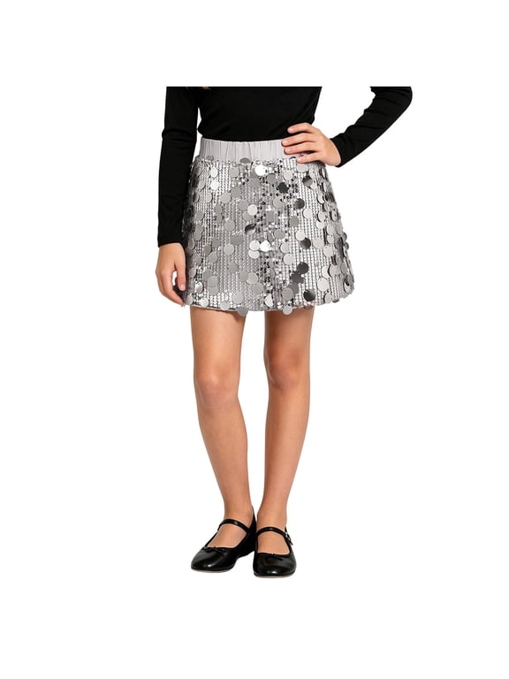 Girls Metallic Sparkly Skort Elastic Waist A Line Skater Skirt Built In Shorts for Girls Dance Performance and Festive Recreational Activities