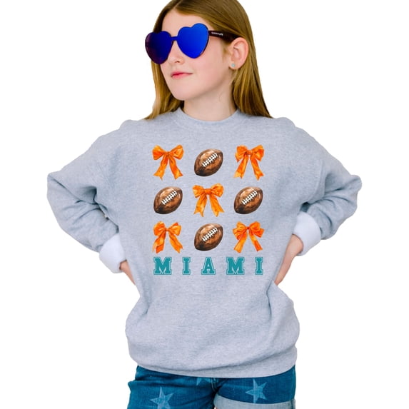 Girls Miami Football Sweatshirt Orange Bows and Footballs Game Day Pullover Gray Sweatshirt Youth Small