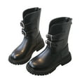 thumbnail image 1 of Girls Mid Calf Boots Adjustable Front Buckle Vintage Leather Back Zipper Round Toe Lug Sole Low Heel Motorcycle Booties 12 Little Kid Black, 1 of 6