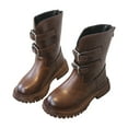 thumbnail image 1 of Girls Mid Calf Boots Adjustable Front Buckle Vintage Leather Back Zipper Round Toe Lug Sole Low Heel Motorcycle Booties 2 Big Kid Brown, 1 of 6