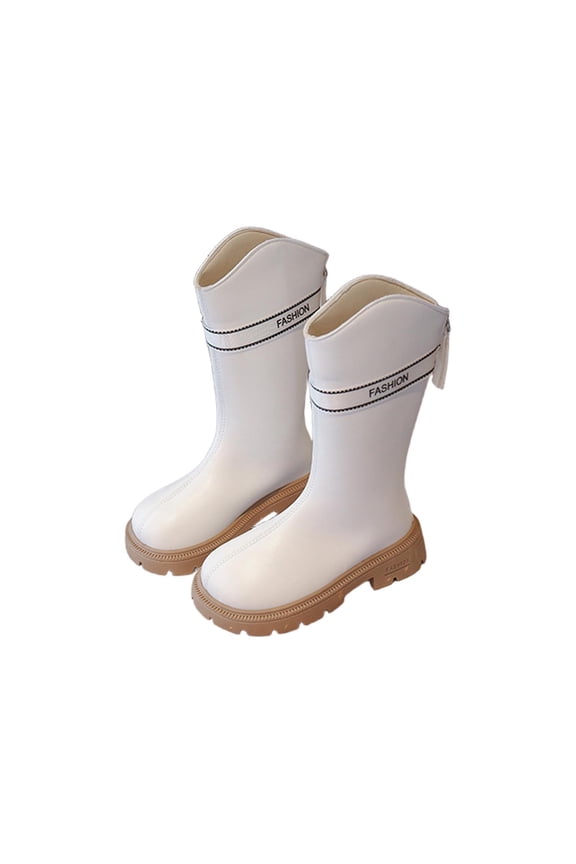 Girls Mid-Calf Boots Back Zip Combat Boot Kids Girl Comfortable School Shoes Cowboy Cowgirl Boots Winter Warm Fleece Lined Booties Little Kid Round Toe Western Boot Casual Lug Sole Mid Calf Shoes