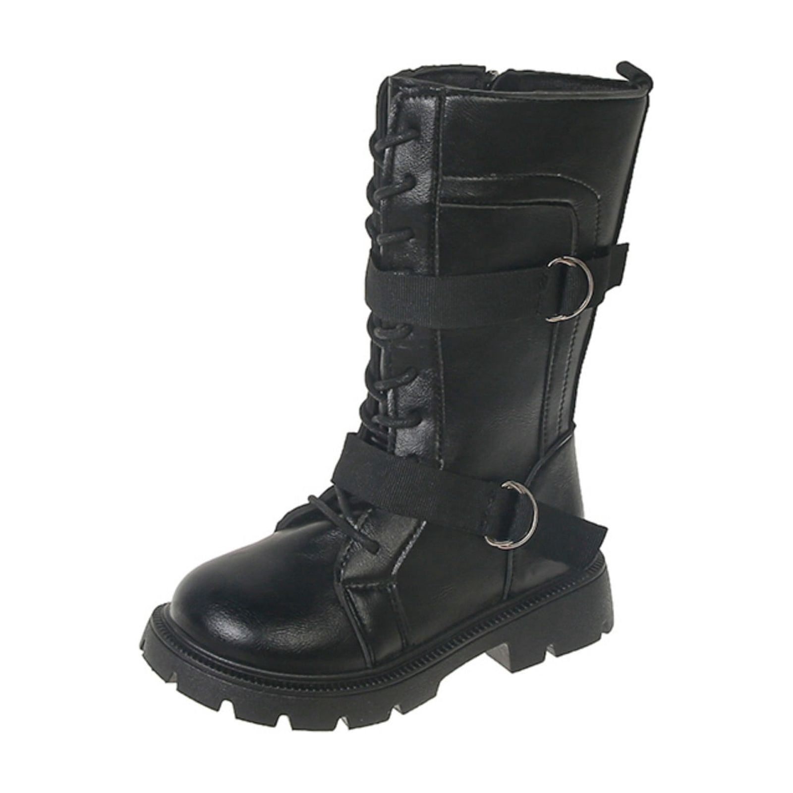 Girls Mid Calf Boots Lace Up Double Buckle Strap Solid Color Flat Sole ...