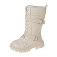 Boot Colour In Girls Mid Calf Boots Lace Up Double Buckle Strap Solid Color Flat Sole ...