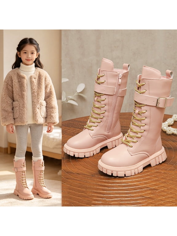 Girls Mid Calf Boots Lug Sole Non Slip ,Trendy Punk Goth Lace Up Buckle Detail Boot for Daily Casual Walking Outdoor Wear Pink 11 Little Kids