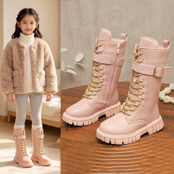 Girls Mid Calf Boots Lug Sole Non Slip ,Trendy Punk Goth Lace Up Buckle Detail Boot for Daily Casual Walking Outdoor Wear Pink 12 Little Kids