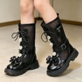 thumbnail image 1 of Girls Mid Calf Boots Mesh Bow Decor Lace Up Back Zipper Boots with Buckle Straps Hollow Out Breathable Lug Sole Shoes Black 4 Big Kids, 1 of 7