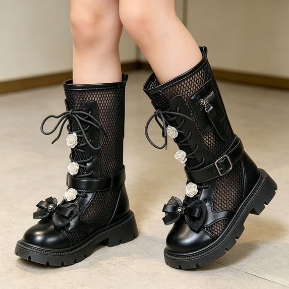 Girls Mid Calf Boots Mesh Bow Decor Lace Up Back Zipper Boots with Buckle Straps Hollow Out Breathable Lug Sole Shoes Black 4 Big Kids