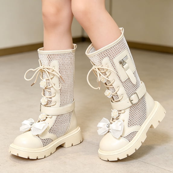 Girls Mid Calf Boots Mesh Bow Decor Lace Up Back Zipper Boots with Buckle Straps Hollow Out Breathable Lug Sole Shoes White 3 Big Kids
