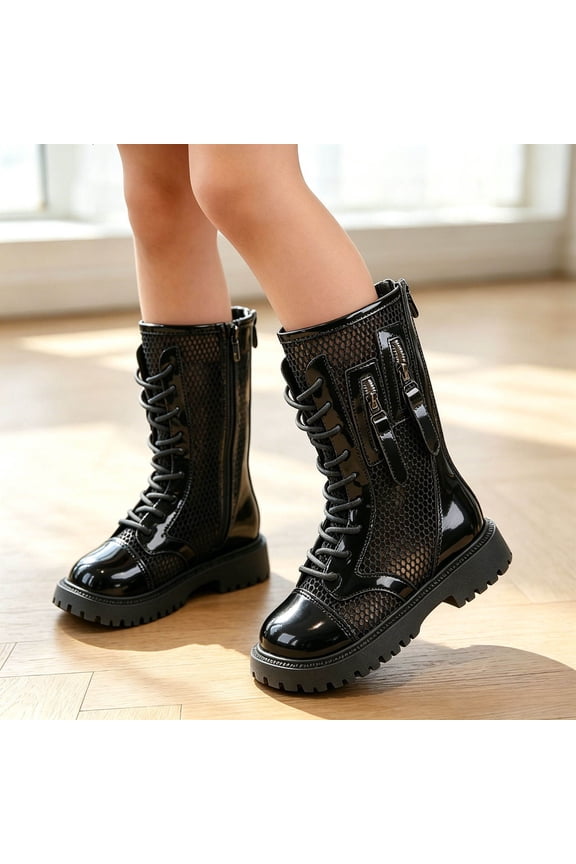 Girls Mid Calf Boots Mesh Lace Up Back Zipper Boots Hollow Out Breathable Lug Sole Non-Slip Shoes Black 2 Big Kids