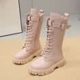 thumbnail image 1 of Girls Mid Calf Boots, Side Zip Faux Leather Fashion Boots, Lace Up Chunky Sole Fall Footwear for School Outings, 1 of 8