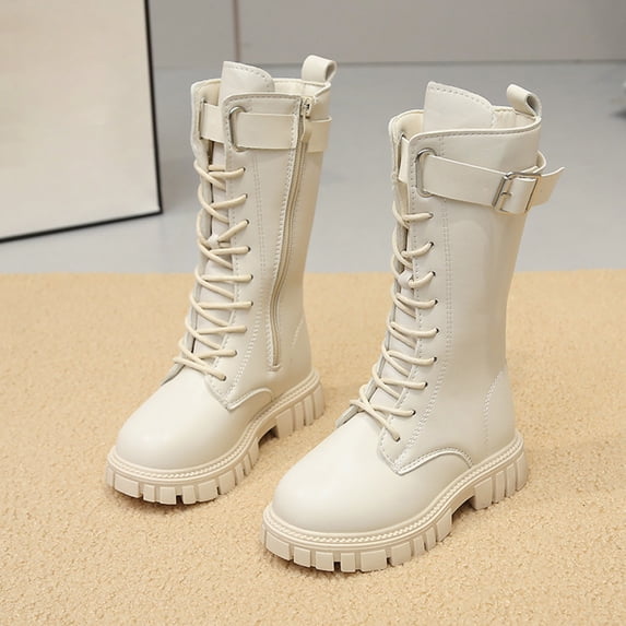 Girls Mid Calf Boots, Side Zip Leather Fashion Boots, Lace Up Sole Fall Footwear for School Outings