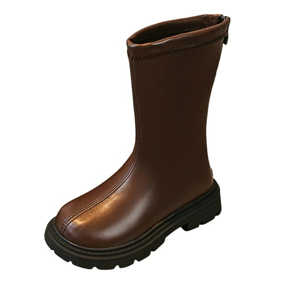 Girls Mid Calf Boots Side Zipper Knee High Boots Fall Winter Fashion Leather Water Resistant Riding Shoes