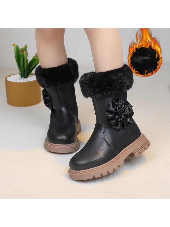 Girls Mid Calf Boots Winter Leather Fashion Trendy Casual Cute Comfortable Lightweight Outdoor Chunky Boots with Side Zipper Low Heels Boots for Little Kid