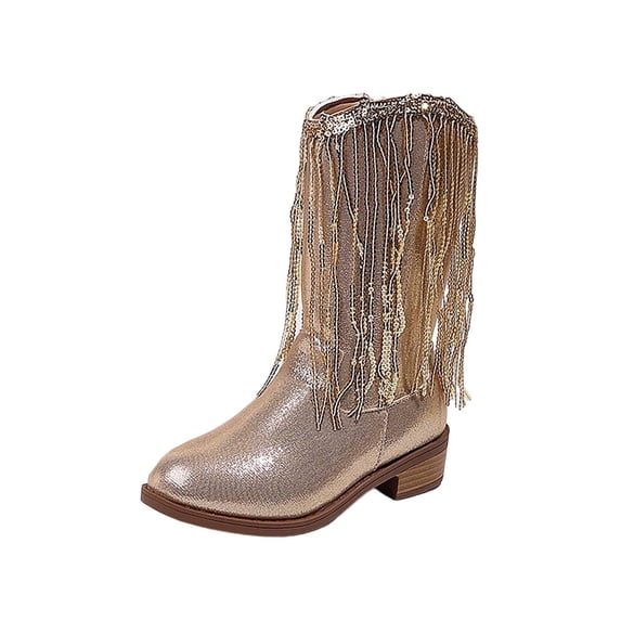 Girls Mid Calf Cowboy Boots Round Toe Side Zipper Tassel Low Heel Comfort Fashion Western Dress Boots for Toddler Little Kids Gold 29