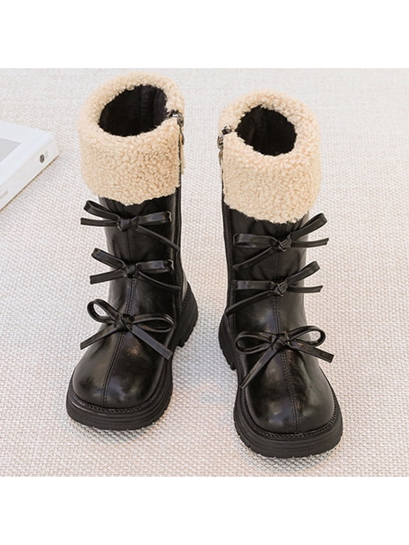 Girls Mid-Calf Faux Faux Leather Bow Winter Boots with Shearling Lining, Black, Zip-Up Non-Slip Sole,Size 27